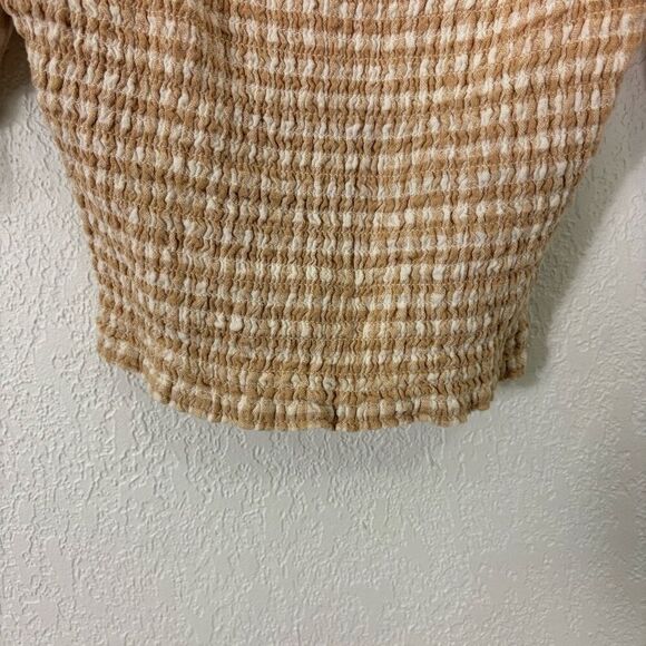 Abercrombie & Fitch Smocked Top Tan & White Gingham Print Short Sleeve Going Out - Picture 5 of 9